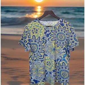Lands End Womens Rash Guard Swim Tee L Blue Yellow Medallion Paisley Boho Surf